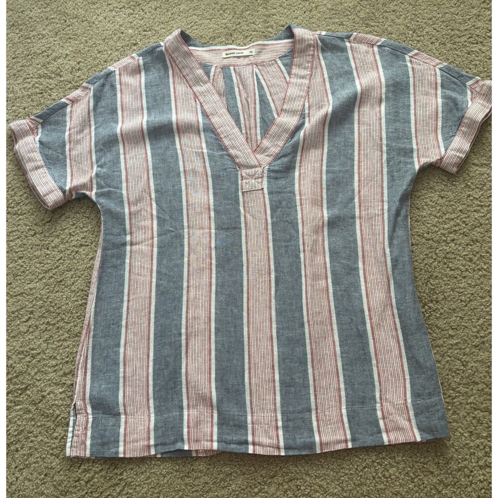 Marine Layer Linen Rayon Short Sleeve V-neck Flowy Womens Top XS Boho Striped